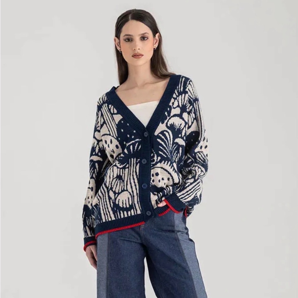 Bad Influencer Navy & White Mushroom Cardigan with Red Trim 🍄